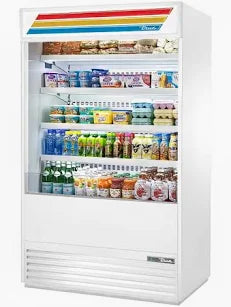 Vertical Air Curtain Merchandiser, True Standard Look Version 01, 48"W, (4) Adjustable Solid White Powder Coated Cantile ,
